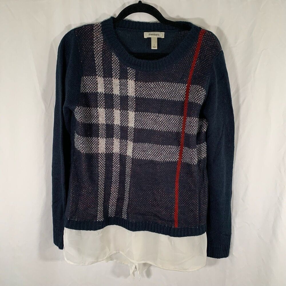Dressbarn Blouse Women's Large Black Plaid Knit Long Sleeve Round Neck